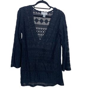 J Valdi M Bathing suit coverup , black lace , sheer, deep V neck side slits